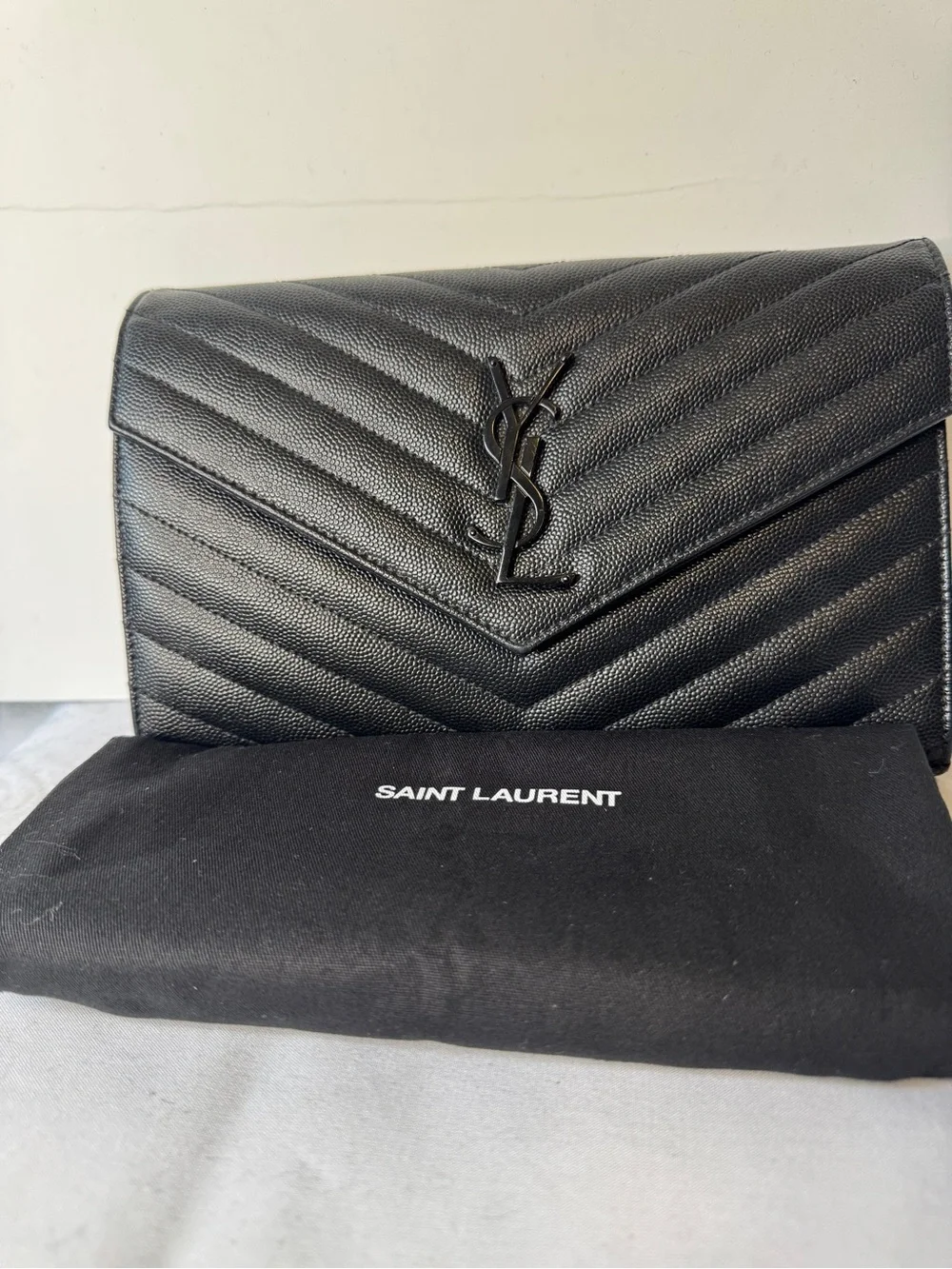 Saint Laurent Black Quilted Chevron Envelope Wallet On Chain